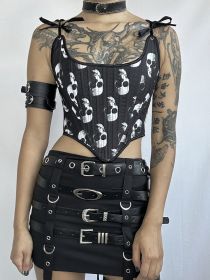 Dark Gothic Punk Spicy Girl Retro Skull Head Print Corset Tie Up Chest Vest (Option: L)