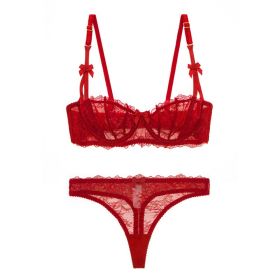 Half Cup Lace Ultra-thin Bra Set Bow With T-back (Option: Chinese Red-70A)