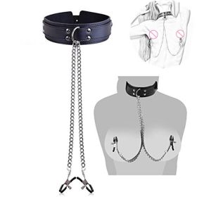 Faux Leather Choker Collar With Nipple Breast Clamp Clip Chain Couple SM Sex Toys For Woman Sex Tools For Couples Adult Games (Color: black)
