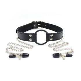 Faux Leather Choker Collar With Nipple Breast Clamp Clip Chain Couple SM Sex Toys For Woman Sex Tools For Couples Adult Games (Color: BLACK2)