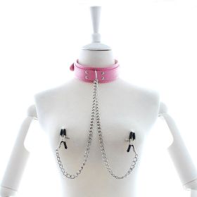 Faux Leather Choker Collar With Nipple Breast Clamp Clip Chain Couple SM Sex Toys For Woman Sex Tools For Couples Adult Games (Color: Pink)