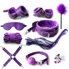 SM Bondage Restraint Set Sex Handcuffs Whip Anal Beads Butt Plug Anal Plug Bullet Vibrator Sex Toys for Woman Adult S&M Fetish (Color: PU-purple-10pcs)