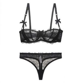Half Cup Lace Ultra-thin Bra Set Bow With T-back (Option: Black-70A)