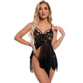 Women's Backless Gauzy Pajamas Hollow Irregular Swing Dress (Option: Black-XXL)
