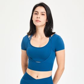 Women's Fashionable Temperament Yoga Clothes Short-sleeved Top With Chest Pad (Option: Bluish Green-L)