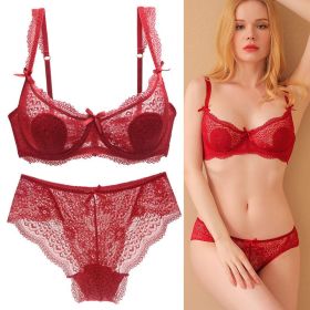 Women's Sexy Lace Transparent Super Thin Push Bra Set (Option: Red-100C)