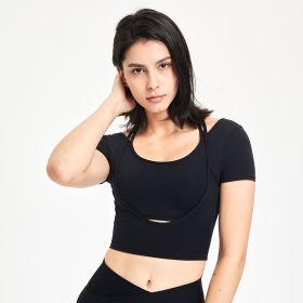 Women's Fashionable Temperament Yoga Clothes Short-sleeved Top With Chest Pad (Option: Black-L)