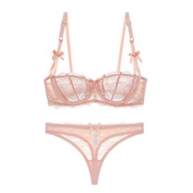 Half Cup Lace Ultra-thin Bra Set Bow With T-back (Option: Pink-70E)